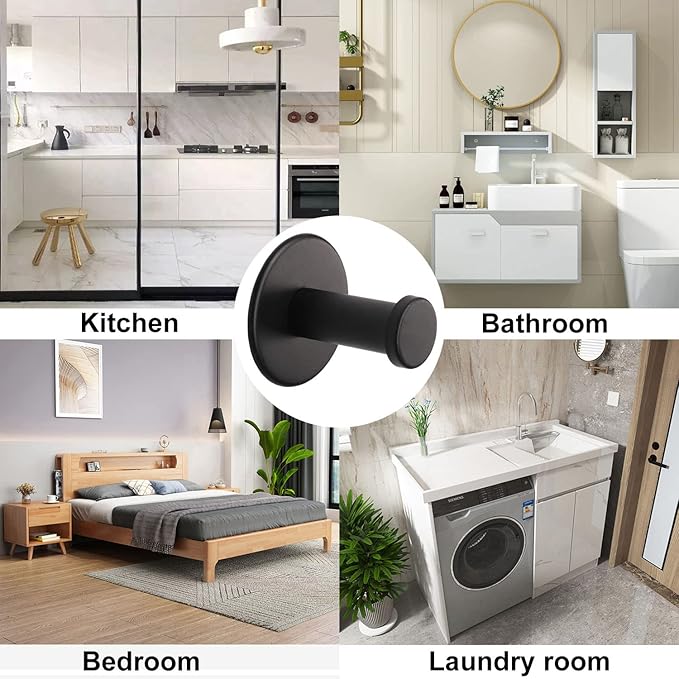 Bath Towel Hooks, 4 Pack Self Adhesive Coat Hooks, Sturdy No Drilling Robe Hook, SUS 304 Stainless Steel Heavy Duty Clothes Hanger, Wall Hooks for Bathroom Bedroom Kitchen (2 in, Black)