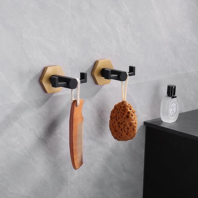 GERZWY Stainless Steel Coat/Robe Clothes Hook for Bath Kitchen, Bathroom Double Towel Hook Wall Mounted 2 Pack (Black & Gold)
