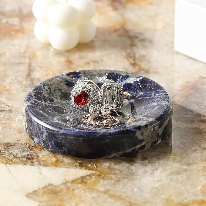 Koville Marble Jewelry Dish, Small Round Trinket Dish for Ring Necklace Earring, 4" Decorative Dish, Aesthetic Home Table Decor, Natural Stone Soap Dish for Bathroom Kitchen((Blue)