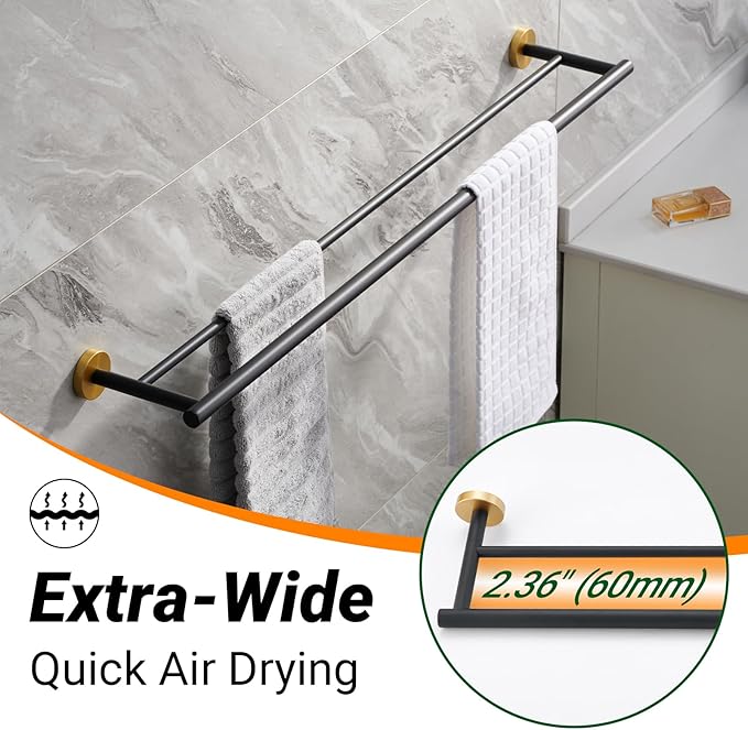 Miyili Bathroom Double Towel Bar 36-Inch Stainless Steel Bath Hand Towel Rack Wall Mount Black & Gold, A01BG90B