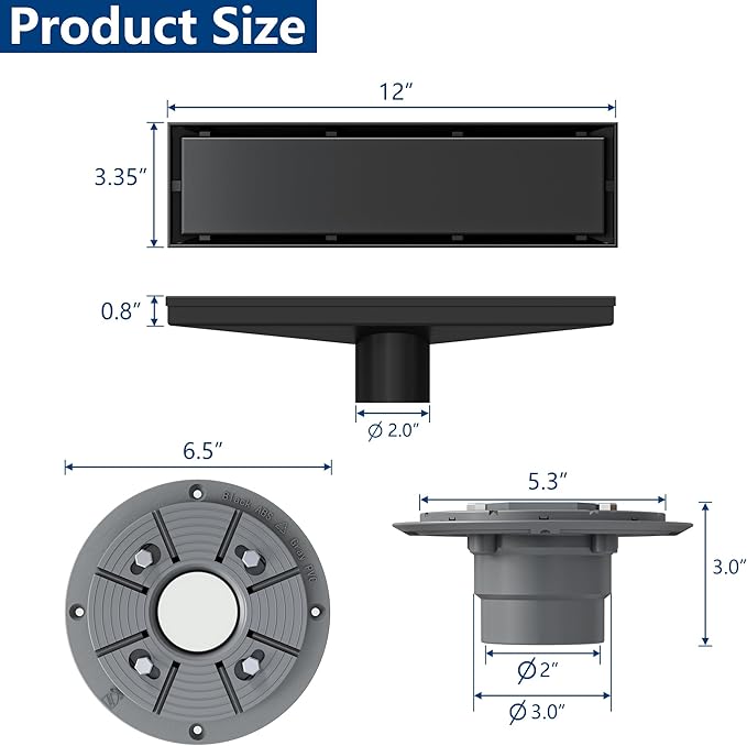 Neodrain 12-Inch Matte Black Linear Shower Drain, 2-in-1 Flat & Tile Insert Cover, Stainless Steel Linear Drain, Rectangle Shower Floor Drain with Hair Strainer, Shower Drain Base