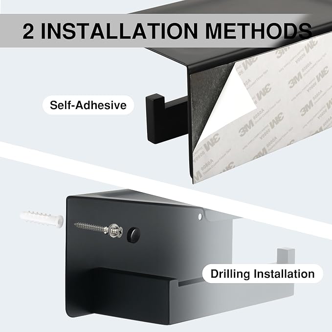 Alise Black Toilet Paper Holder with Shelf SUS304 Stainless Steel Adhesive Toilet Paper Roll Holder Bathroom Tissue Holder Storage Dispenser,Self Adhesive or Wall Mount Drilling