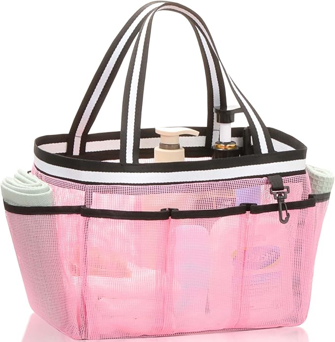Ocim Large Portable Mesh Shower Caddy Bag Tote for Big Size Shampoo Bottles, Collapsible Quick Dry for College Dorm, Camping, Beach Pool Bathroom, Pink