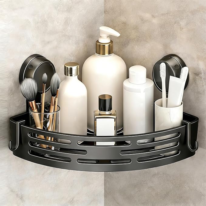 Triangle Suction Cup Shower Caddy, No-Drill Bathroom Corner Shelf, Small Bathroom Storage Cabinet, Easy To Install, Heavy-Duty Strong Hold Shower Storage Rack For Shampoo & Soap (Black)