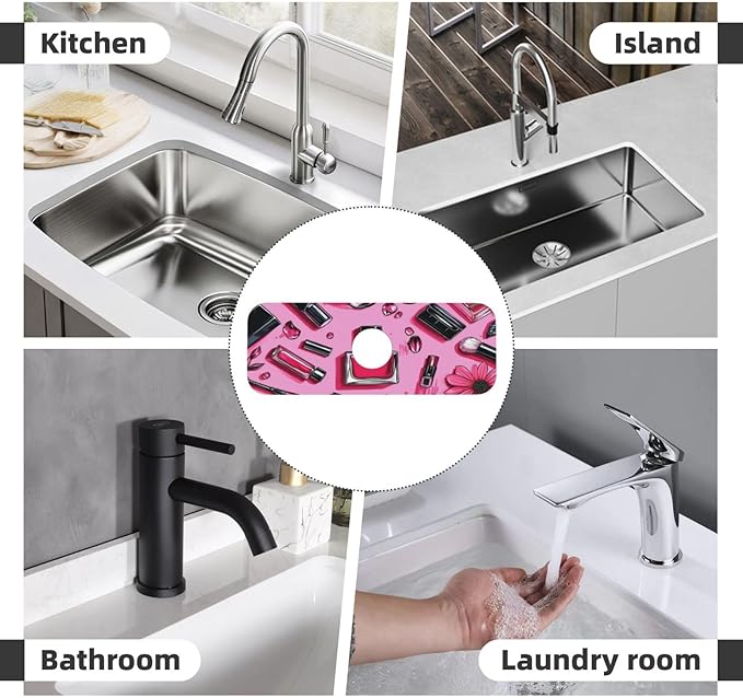Beauty Makeup Set Pink 15" X 5.5" Kitchen Sink Splash Guard, Faucet Guard Draining Mat, Faucet Suction Pad For Kitchen Bathroom