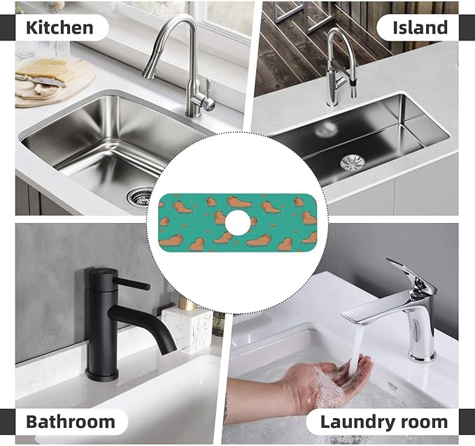 Cute Capybara Play Eat Food Kitchen Sink Splash Guard Faucet Mat Super Absorbent Fast Drying Mat Sink Gadgets-Fast Drying Pad Sink Mat For Kitchen Bathroom (15" X 5.5" )