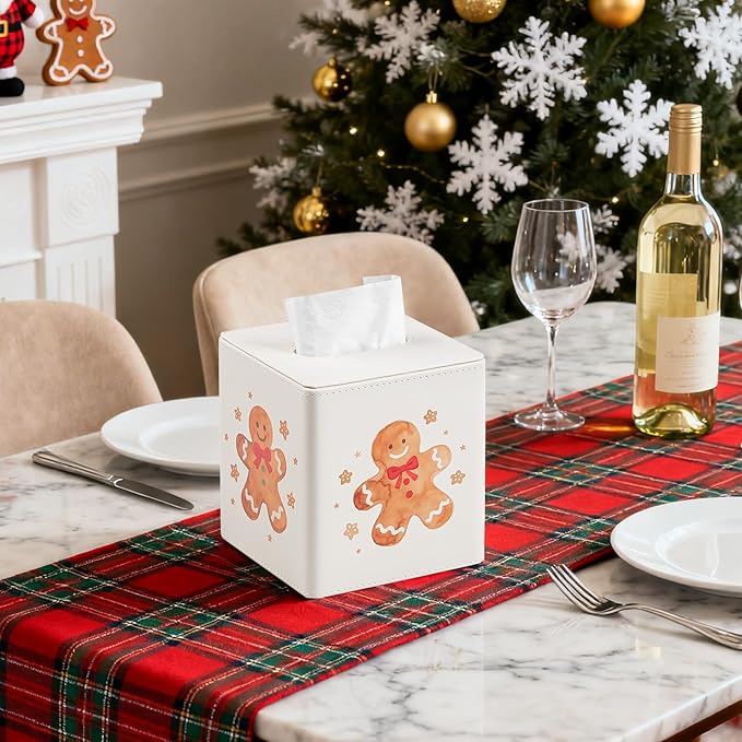 PU Leather Tissue Box Cover Square Tissue Box Holder with Magnetic Closure, Decorative Tissue Holder for Bathroom Bedroom Office (Gingerbread Man)