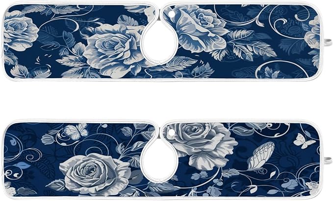 2 PCS Kitchen Sink Splash Guard 23.6 Inch Faucet Mat for Kitchen Sink Bathroom Sink Faucet Absorbing Drip Drain Mat Pad Microfiber Soft Washable Navy Blue Roses and Butterflies