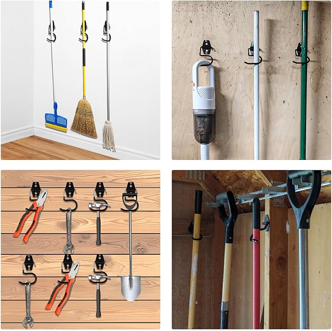 16 Pack Metal Garage Hooks S Hooks Heavy Duty Metal Large S Hooks and Broom and Mop Holder for Mop Shovel Rake Shed Garden Lawn Yard（Black）