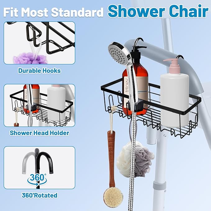 2-In-1hanging shower chair caddy : Holder Organizer Rustproof Shower Chair Accessories for tub bath room with arms chair storage basket shelf fit Seniors Elderly Disabled Patient Pregnant (Black)