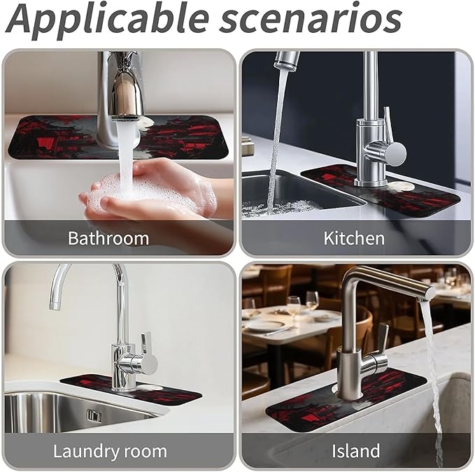 Kitchen Sink Splash Guard，Dark landscape with red Faucet Mat Sink Gadgets-Super Absorbent Fast Drying Mat Drip Catcher for Kitchen, Bathroom,Sink Mat, Dish Drying Mat, Bathroom(15" X 5.5" )