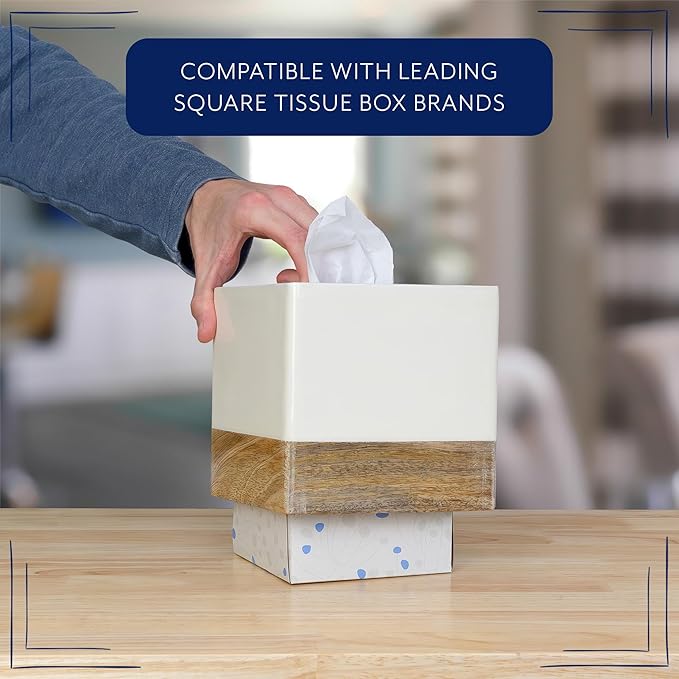 AuldHome Design Square Tissue Box Cover (Enamel/Mango Wood); Minimalist Scandinavian Decor White Cube Tissue Holder