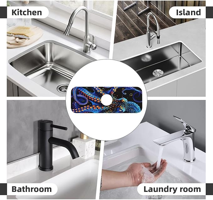Octopus 15" X 5.5" Kitchen Sink Splash Guard, Faucet Guard Draining Mat, Faucet Suction Pad For Kitchen Bathroom