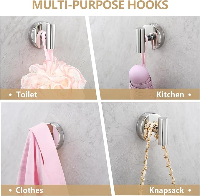 Towel Hooks Shower Suction Hook Towel Hanger for Bathroom Hanging Coat, Robe, Removable Wall Mounted Hook for Bedroom Kitchen Hotel Pool Chrome(2-Pack)