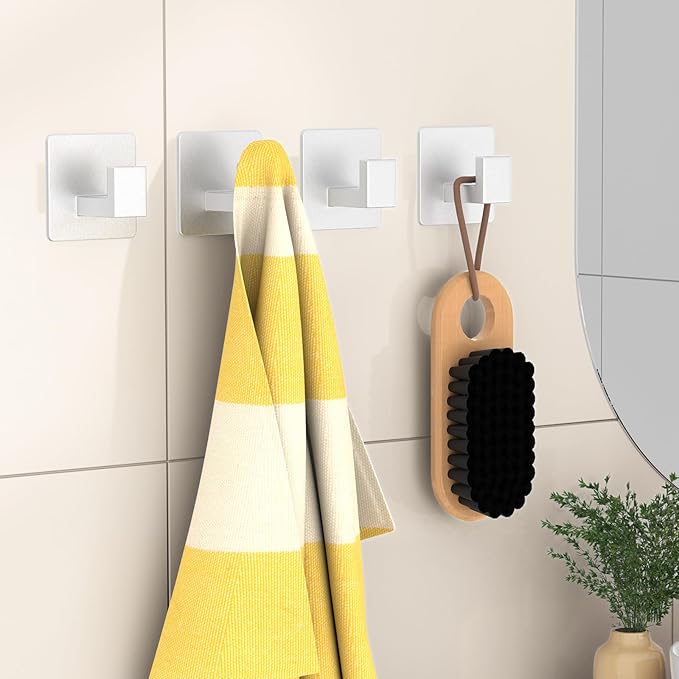 PMMASTO Adhesive Hooks Towel Hooks - 2 Pack Aluminum Wall Hooks Towel Hanger Shower Hook for Bathroom, Bedroom and Kitchen-Silver