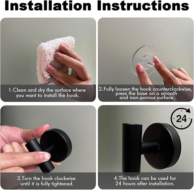 6 PCS Suction Cup Shower Towel Hooks, Wall Mount Robe Holder, Heavy Duty No Drill Wall SUS304 Waterproof Stainless Steel Hooks for Bedroom, Bathroom, Kitchen, Hotel and Office (Matte Black)