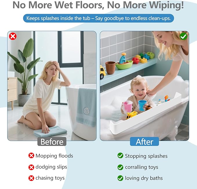 2.6-Ft Bathtub Splash Guard for Tub Kids, Silicone Splash Shield with 11 Suction Cups, Toy Tray Shelf, No Spill Water Barrier, Prevents Mess, Fun Bathtime for Toddlers Baby–White