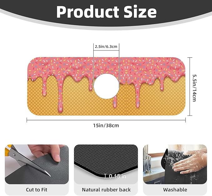 Ice Cream Waffle Cherry Flavor Yummy Summer Dessert 15" X 5.5" Kitchen Sink Splash Guard Faucet Faucet Guard Draining Mat Sink Splash Guard Faucet Kitchen Bathroom