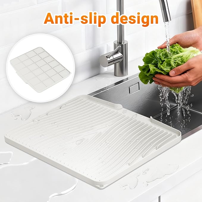 Silicone Dish Drying Mat for Kitchen Counter, 15.8" x 13"Dish Drying Pad, Non-Slip Drain Pad with Built-in Drain, Heat Resistant Stone Drying Mat, Cream