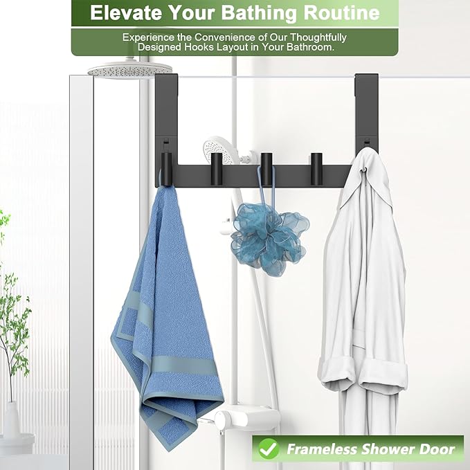 Extended Robe Door Hooks, Heavy Duty Stainless Steel Towel Hooks for Frameless Glass Shower Doors, Towel Hanger Rack, Shower Hooks for Bathroom (Black, 1 Pack)