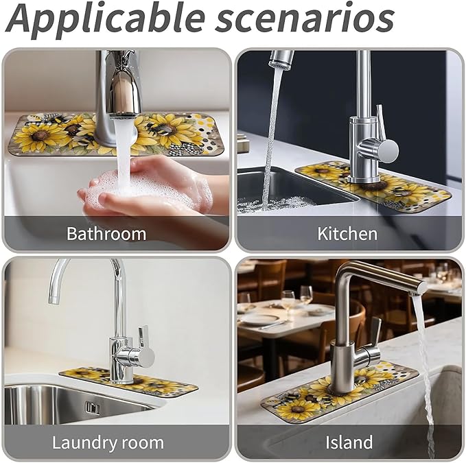 Kitchen Sink Splash Guard，Sunflower-with bumblebees Faucet Mat Sink Gadgets-Super Absorbent Fast Drying Mat Drip Catcher for Kitchen, Bathroom,Sink Mat, Dish Drying Mat, Bathroom(15" X 5.5" )