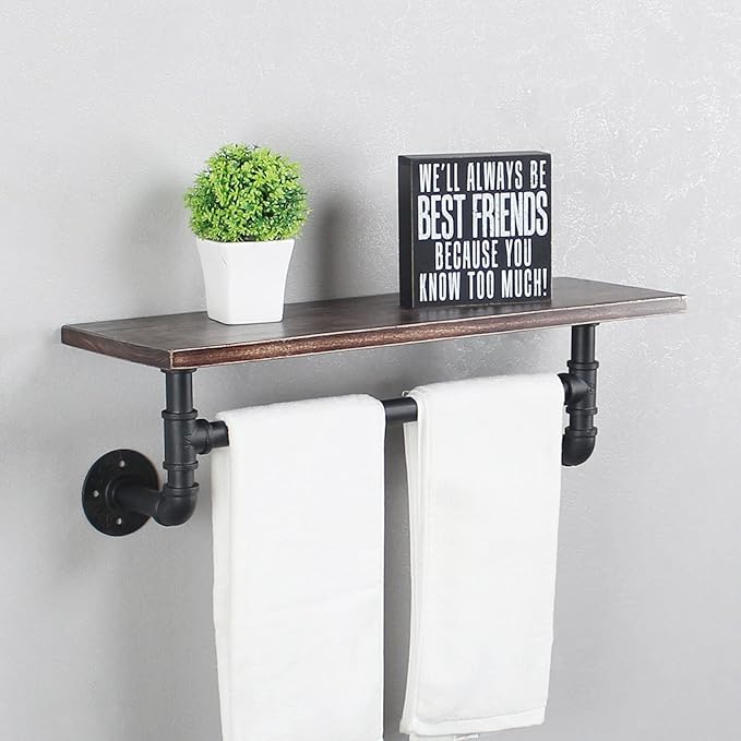 MBQQ Retro Black Shelving Bathroom Pipe Shelves with Towel Bar Over Toilet, 24 inch Pine Wood Floating Shelves for Wall Mounted Bedroom,Kitchen, Farmhouse, Living Room