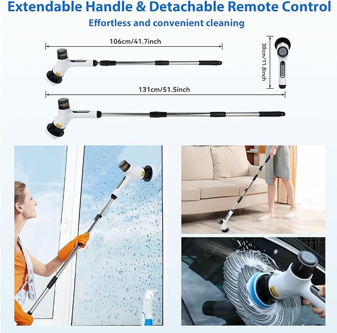 11 in 1 Electric Spin Scrubber Cordless Shower Scrubber with 2 Adjustable Speeds Spray Shower LED Display Shower Cleaner Brush with Long Handle for Bathroom Floor Tub Tile Toilet IPX7 Waterproof
