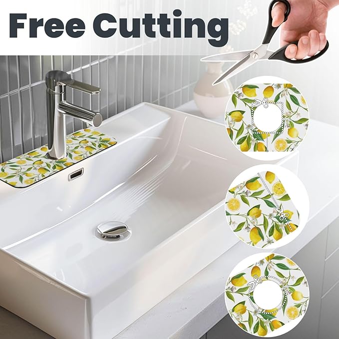 Yellow Lemon Teal Kitchen Sink Splash Guard Faucet Mat 1 Pcs, Absorbent Fast Drying Mat Gadgets Splash Guard For Bathroom 15 X 5.5 Inches