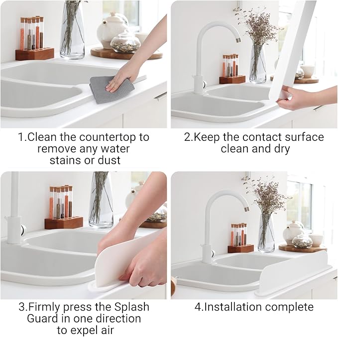 19.29 inch Silicone Sink Splash Guard, Splash Guard for Kitchen Sink Area, Backsplash Protector for Kitchen Countertop & Bathroom Bathtub with Non-Slip Strong Suction, White, Pack of 2