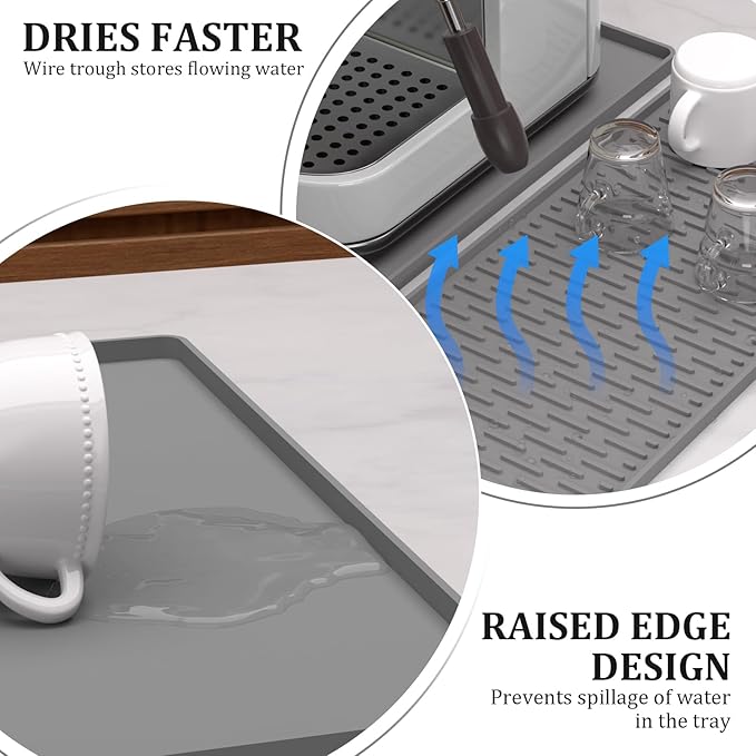 BLESWIN Silicone Coffee Mat, 16x24 Inches - Non-Slip Bar Mat with Raised Edges and Removable Drying Pad, Fits Under Coffee Makers/Espresso Machines, Heat-Resistant Countertop Protector (Grey)