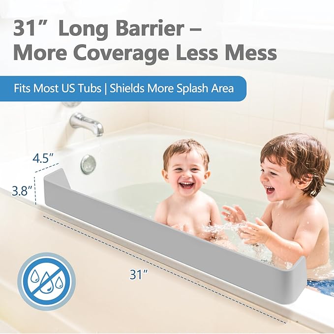 2.6-Ft Bathtub Splash Guard for Tub Kids, Silicone Splash Shield with 11 Suction Cups, Toy Tray Shelf, No Spill Water Barrier, Prevents Mess, Fun Bathtime for Toddlers Baby–Gray