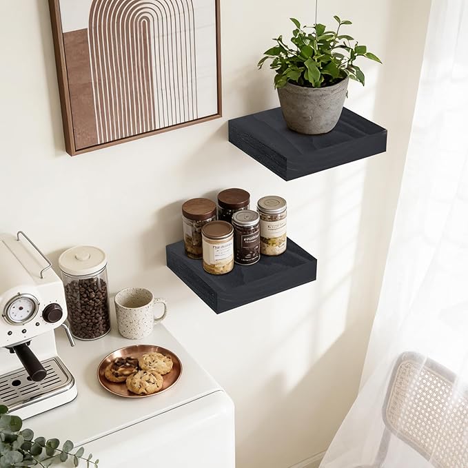 Floating Wall Shelves 6.8x6.8x1.7 Inch – Solid Wood Square Shelves in Black Finish – Rustic Mini Display Shelves for Entryway, Bathroom, Small Spaces – Set of 2