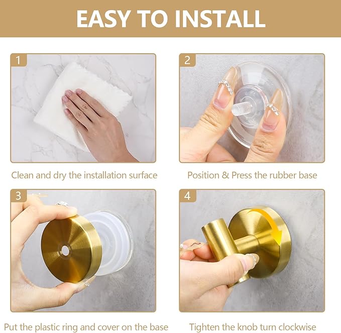 Towel Hooks Shower Suction Hook Towel Hanger for Bathroom Hanging Coat, Robe, Removable Wall Mounted Hook for Bedroom Kitchen Hotel Pool Brushed Gold(4-Pack)