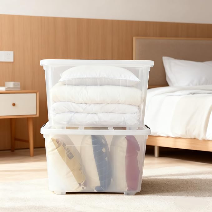 70 L Clear Storage Containers, 4-Pack, Plastic Stackable Storage Bins with Lids and Wheels, BPA-Free