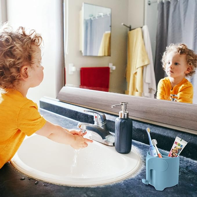 RyanLemon Elephant Toothbrush Holder for Toddler, Suction Cup Cute Toothbrush Holder for Kids, for Bathroom, with 3 Slots and 1 Hook, Blue
