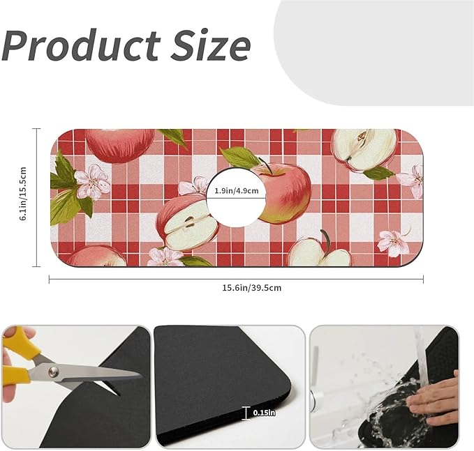 Kitchen Sink Splash Guard，Apple-on a checkered Faucet Mat Sink Gadgets-Super Absorbent Fast Drying Mat Drip Catcher for Kitchen, Bathroom,Sink Mat, Dish Drying Mat, Bathroom(15" X 5.5" )