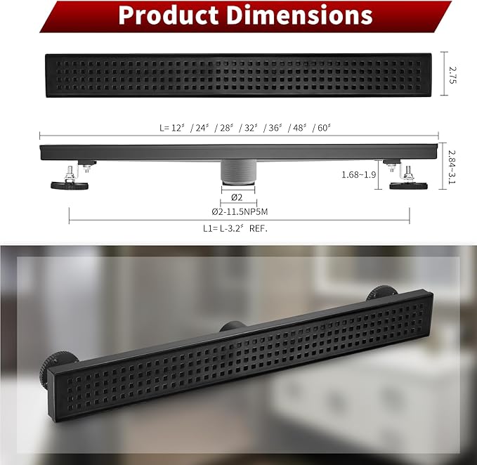 Sharp-tec 36 inch Linear Shower Drain, Black Rectangular Floor Drain, V-Shape Design Drain Channel, 304 Stainless Steel, cUPC Certificated for Bathroom Shower Room (Drain Base is Not Included)