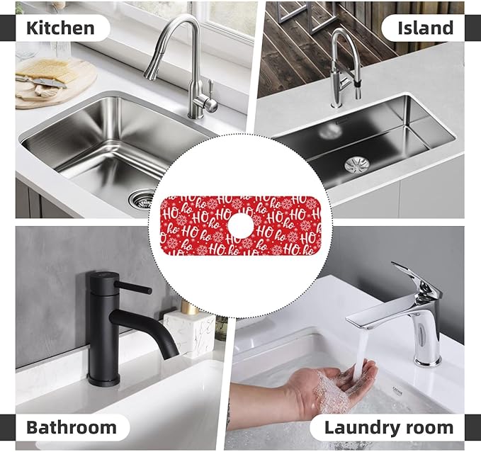 Christmas Snowflake Ho Red Buffalo Plaid Kitchen Sink Splash Guard Faucet Mat 1 Pcs, Absorbent Fast Drying Mat Gadgets Splash Guard For Bathroom 15 X 5.5 Inches