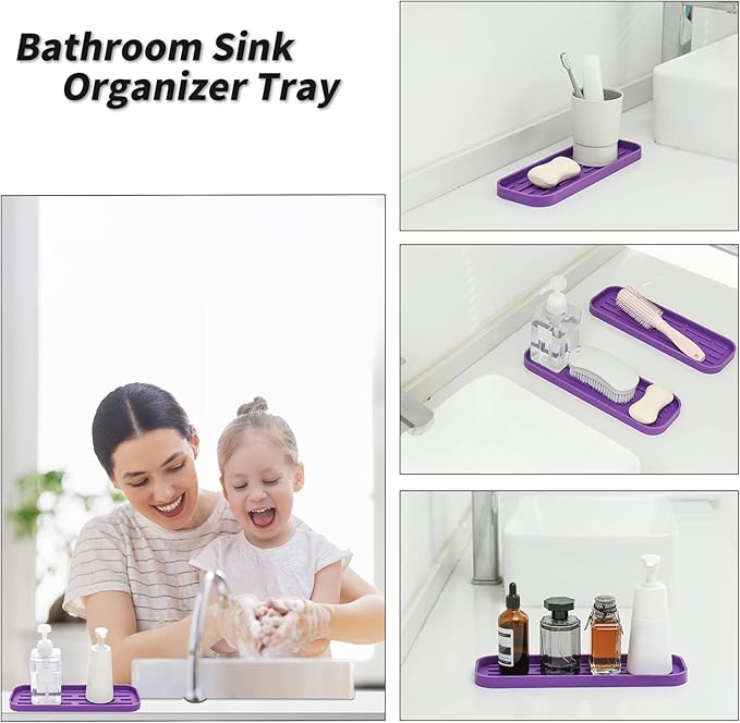 Silicone Kitchen Sink Organizer Tray for Multiple Usage,Eco-Friendly Sponges Holder for Kitchen Bathroom Counter or Sink,Dish Soap Dispenser,Scrubber,Bottle,Cup (Purple, 12"×4")