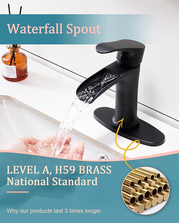 Matte Black Waterfall Single Hole Bathroom Faucet - Stainless Steel Vanity Sink Faucet with Metal Pop Up Drain, Quick Install Low Profile Design