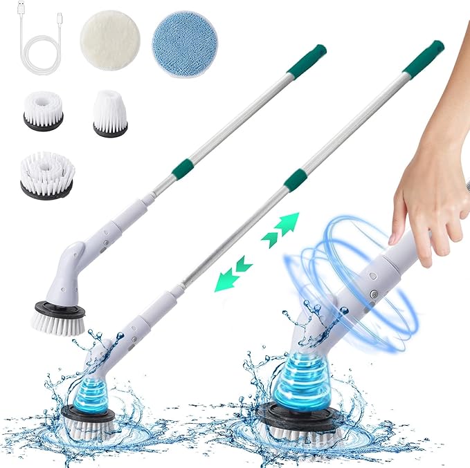 Electric Scrubbers with 5 Replaceable Brush Heads Retractable Handle USB Recharge Handheld Portable Electric Cleaning Scrubbers for Window, Floor, Tile, Toilet, Bathtub