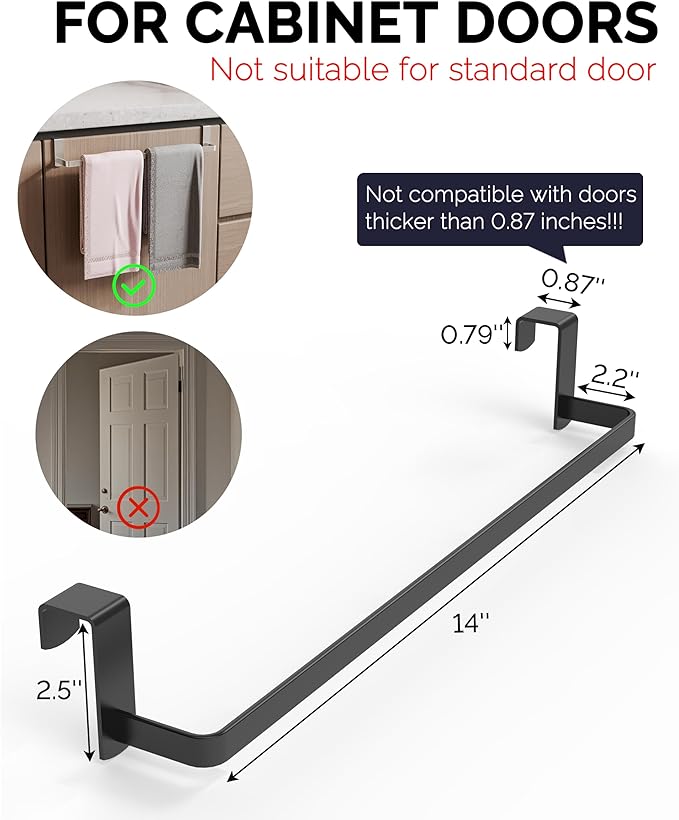 Over Cabinet Towel Rack, 2 Pack 14 Inch Over The Door Towel Bar Towel Hanger for Kitchen, Stainless Steel Over Cabinet Cupboard Kitchen Towel Holder, Foam Protective Mats(Black)