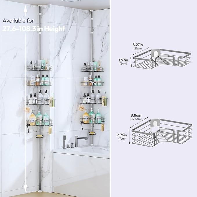 SWTYMIKI Shower Caddy Tension Pole - 4-Tier Corner Shower Organizer Tension Rod with Soap Holder, Toothbrush Holder & 4 Hooks, Adjustable Stainless Steel Bathroom Organizer 27.6 to 108.3 inch, Silver