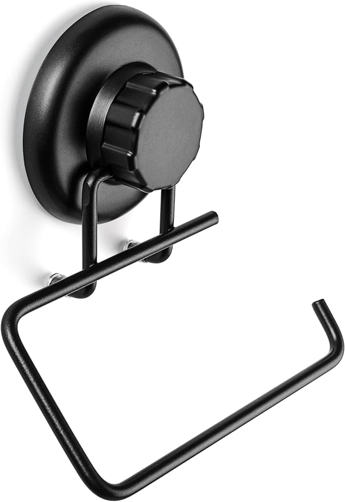 Powerful Vacuum Suction Cup Toilet Paper Holder – Wall Mount No Drilling Bathroom Stainless Steel Tissue Roll Dispenser – Adhesive 3M Stick Disc Included (Black)