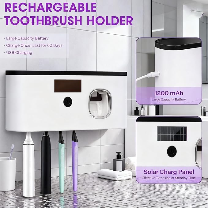 Toothbrush Sterilizer Holder Wall Mounted, USB Rechargeable Automatic Toothpaste Dispenser with 5 Brush Slots, Bathroom Organizer for Families (White)