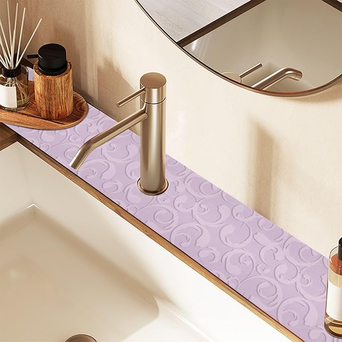 Kitchen Sink Splash Guard 1 PC 30 Inch Sink Faucet Mat Splash Guard for Bathroom Countertop Water Absorbent Foldable Cuttable Soft Washable Floral Vintage Purple