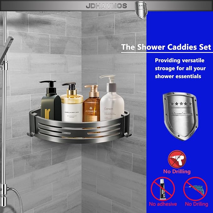 Suction Cup Shower Caddy - No Drilling Removable, Corner Shower Shelves - Aluminum Rustproof, Corner Shower Caddy with Towel Bar & Hooks for Bathroom Organizer (1-Pack Gunmetal Gray)