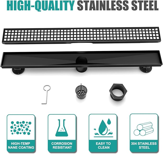 Linear Shower Drain 28 Inch Rectangular Floor Drain with Removable Square Hole Cover and Hair Catcher, Long Shower Drains 304 Stainless Steel CUPC Certified (Matte Black)