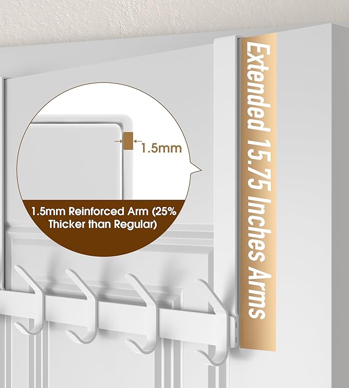 KitchLife Over The Door Hooks Hanger with 15.75 inches Extended Arms, Fit for 1-3/4" Doors, J40U, Thickened Bathroom Towel Rack Organization, 1 Pack Double-Hook, Glossy White