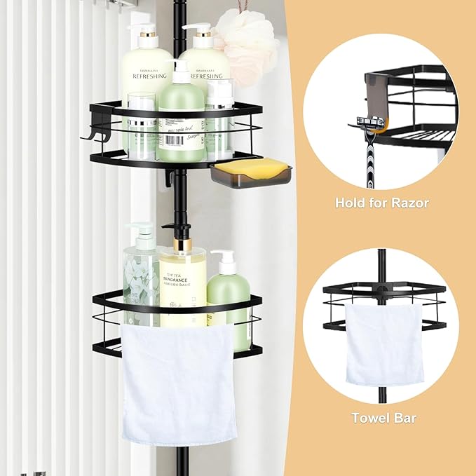 Shower Pole Caddy Corner, 4-Tier Adjustable Shower Shelves with Soap Holder & Hooks, Standing Shower Caddy Corner for Renters/Family, Self-Adhesive or Drill Mount 30-75 Inch, Black